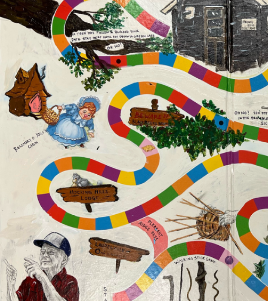 Basketland board game; checkered pathway with illustrated women and man smoking on outskirts