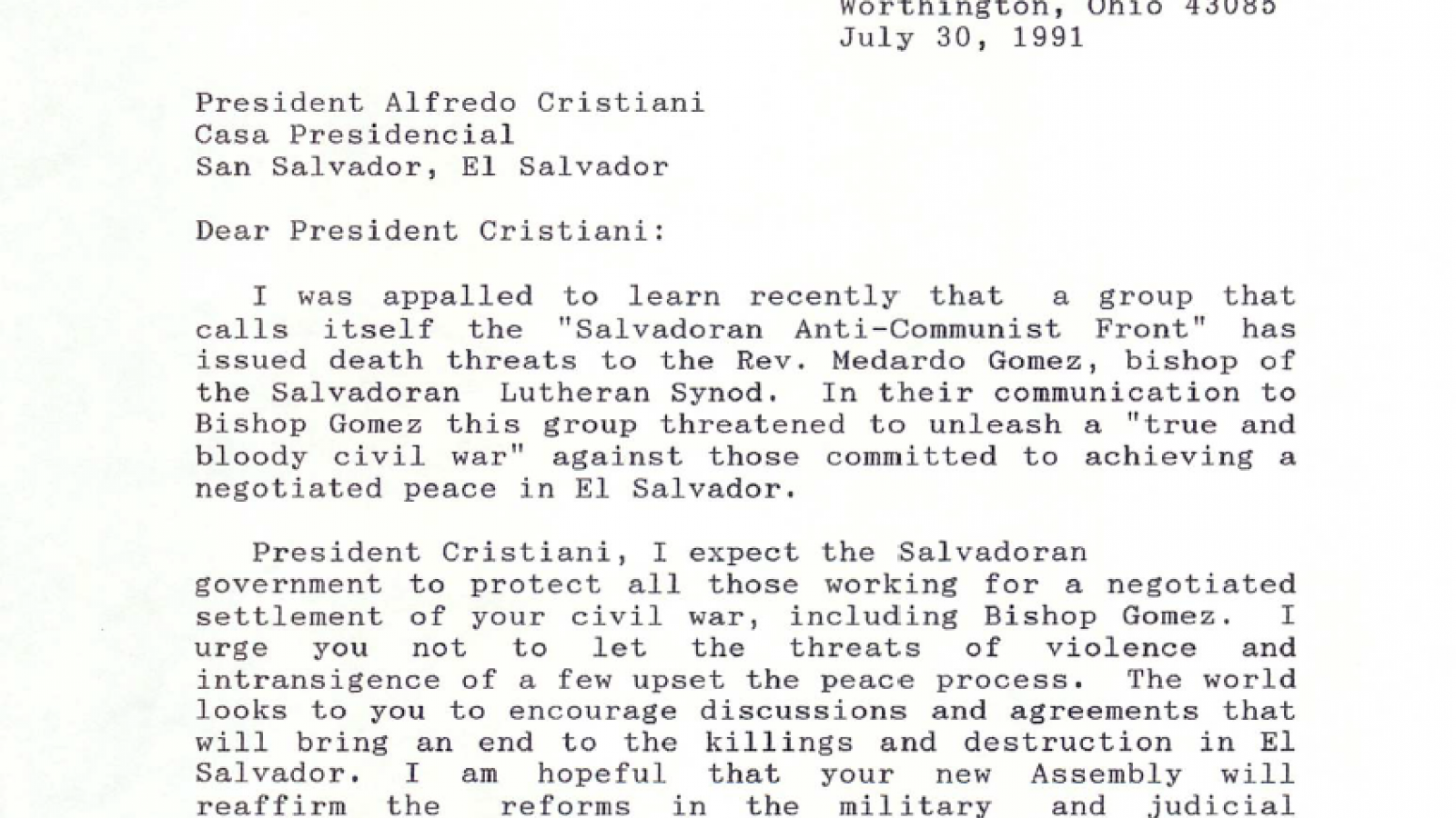 Letter to Alfredo Cristiani from Rev. Bill Barndt