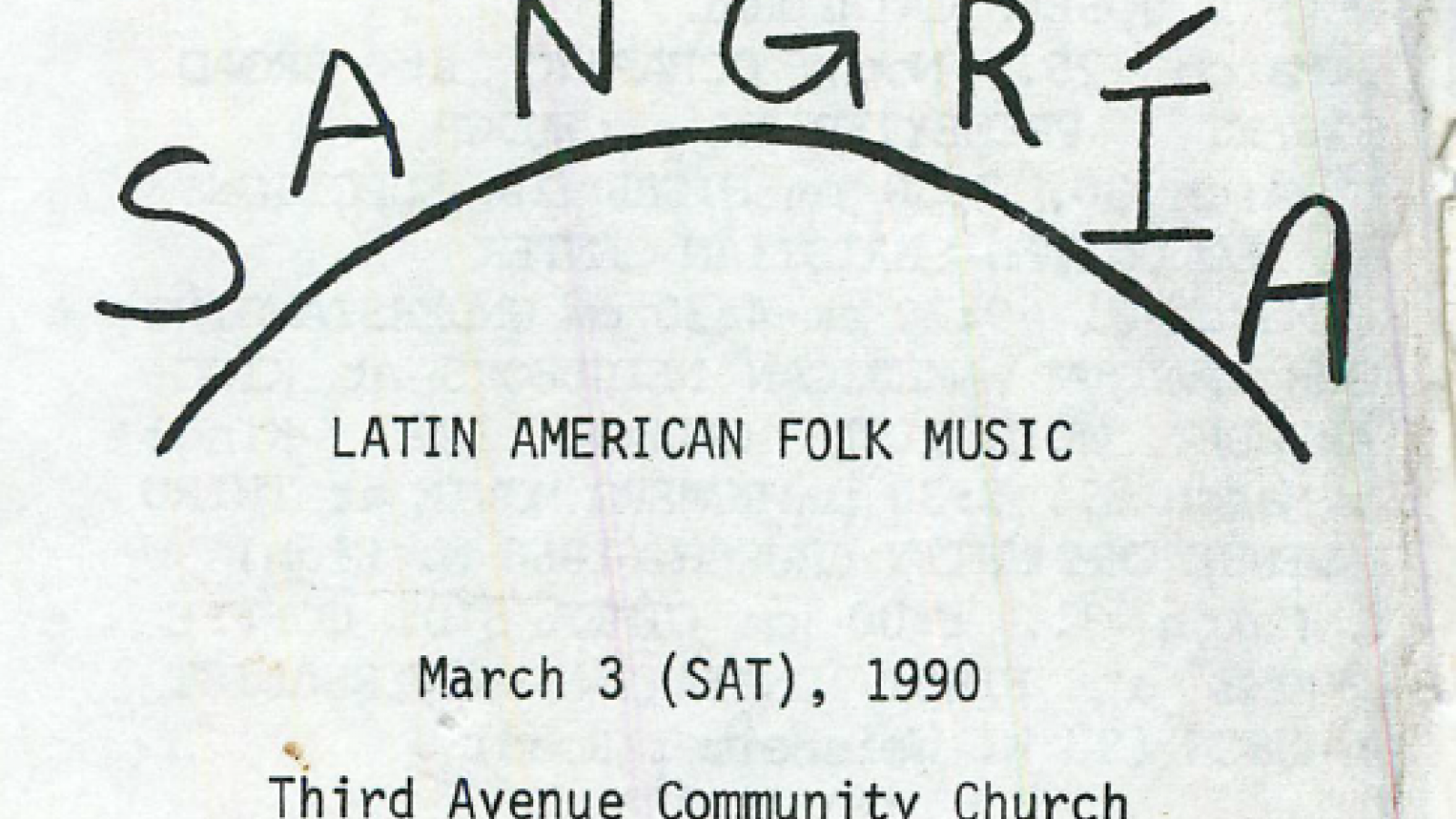 Flyer for Sangria, Latin American Folk Band March 3, 1990