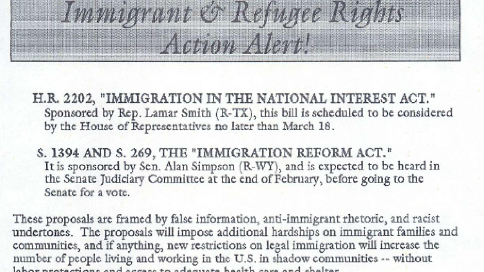 "Immigrant and Refugee Rights Action Alert!" H.R. 2202, S. 1394, and S. 269