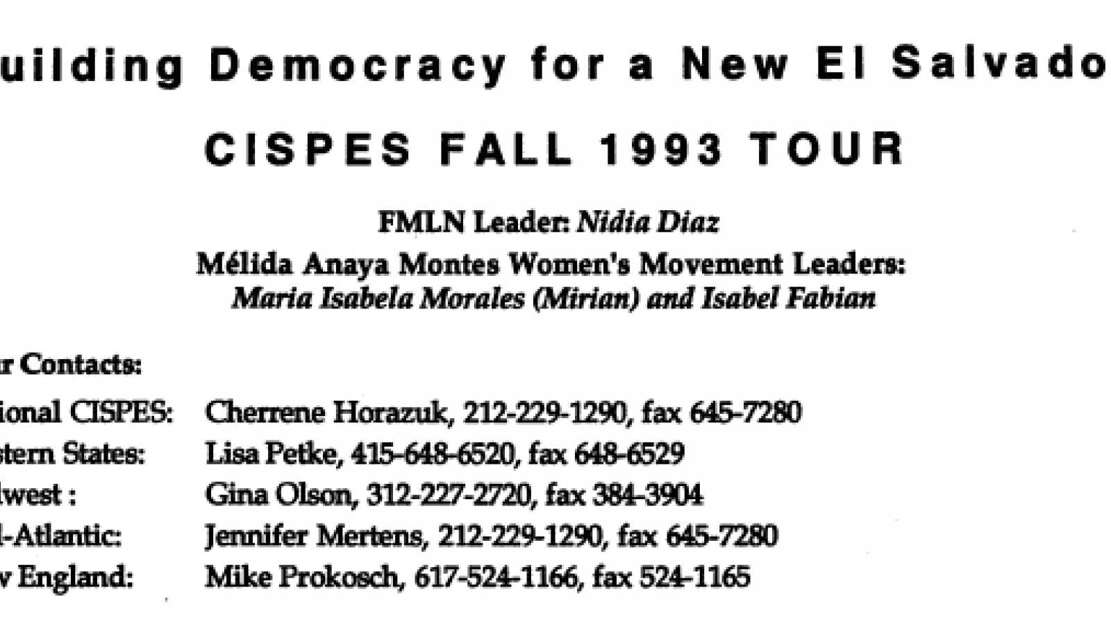 "Building Democracy for a New El Salvador" Flyer CISPES Fall Tour 1993