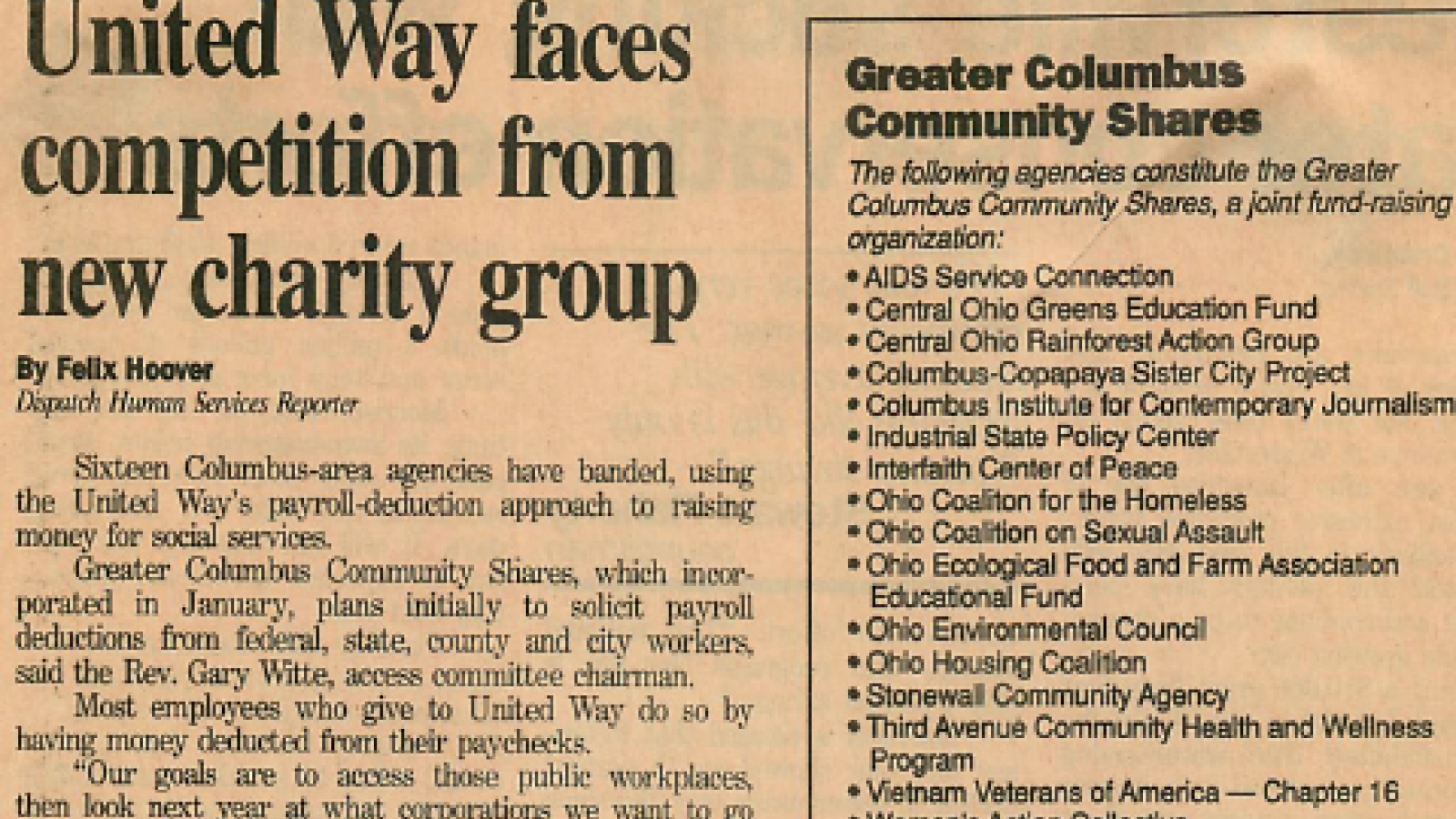 "United Way faces competition from new charity group" Columbus Dispatch Undated